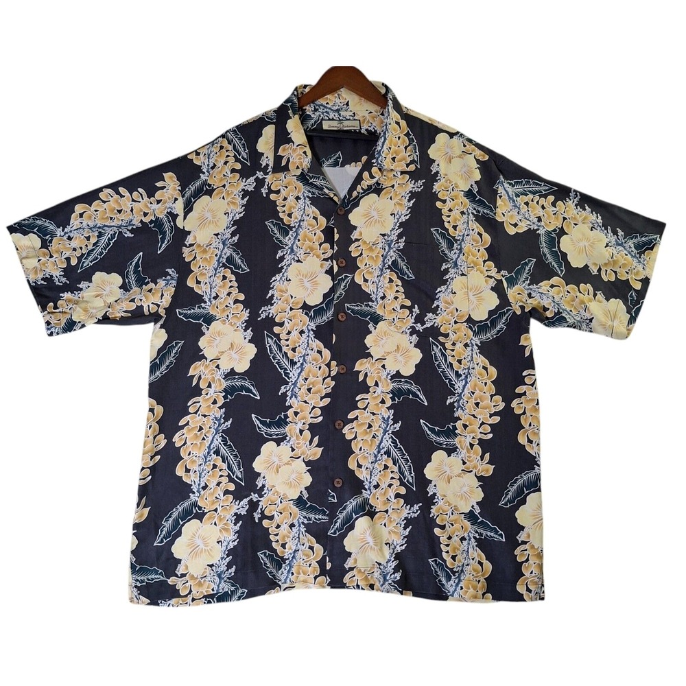 Tommy‎ Bahama Silk Hawaiian Shirt Men's XL Floral Blue Button Up Short Sleeve